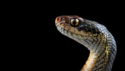 Fototapeta premium close-up side profile of a snake's head with slit-like eyes and reflective scales, emerging sharply from a dark background 