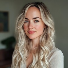Naklejka premium Young woman with long blonde hair and natural makeup poses indoors with soft lighting and neutral background. Generative AI
