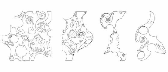 Set black and white vector line art design featuring a stylized floral pattern. The intricate swirls and flowing curves showcase a sense of elegance and precision, ideal for artistic, decorative, or d