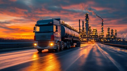 Fototapeta premium Tank truck carrying fuel on the road near a refinery at sunset