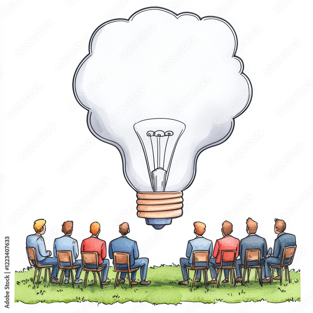 Poster creative brainstorming session with light bulb idea above group