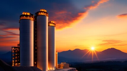 Obraz premium Silhouetted Industrial Silos Against Vibrant Sunset