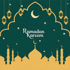 Ramadan Kareem Islamic Holiday Background with Crescent Moon and Lanterns