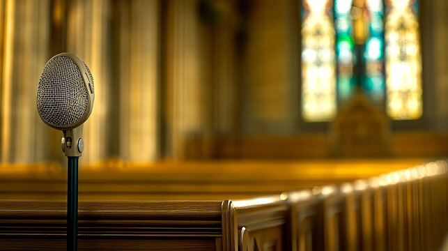 A vintagestyle microphone stands on a dark wood lectern in a church, bathed in warm, golden light. The stainedglass window provides a soft, colorful backdrop.