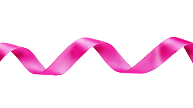 A flat lay of a hot pink ribbon in a zigzag pattern isolated on transparent background