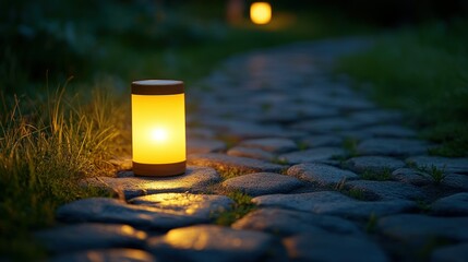 Illuminated pathway garden lamp at night