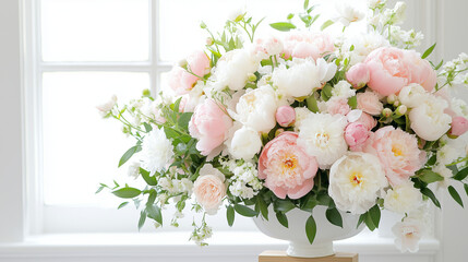 A stunning floral arrangement features pink and white peonies elegantly displayed in a classic vase, bathed in natural light streaming through a window in spring