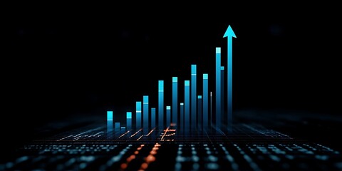 Financial Growth chart with blue arrow Bar chart of stock market on dark background 