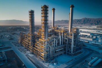 Fototapeta premium Industrial Refinery with Tall Chimneys at Sunrise