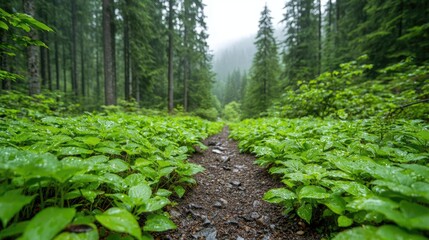 Rainy forest path, lush greenery, mountain background, nature hike
