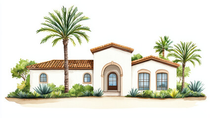 Fototapeta premium Luxurious watercolor painting of home with palm trees and greenery