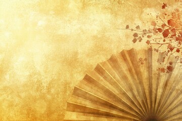 Antique fan on aged paper, floral backdrop, Asian design, invitation template