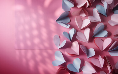 Origami hearts, pink and blue paper, soft lighting, textured background, Valentine's Day theme, pastel colors, geometric shapes, delicate shadows, 3D paper art, romantic composition, minimalist design