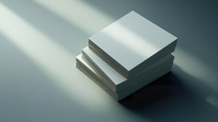 Business cards stacked neatly on a smooth grey background with subtle shadows.