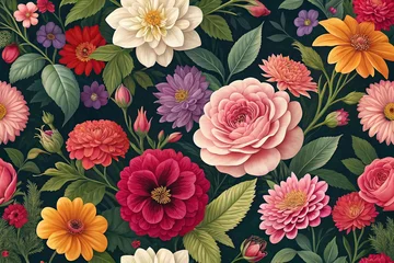 Gordijnen Vibrant floral seamless pattern with roses, dahlias, and chrysanthemums on dark background. © WINDA KRISDAYANTI
