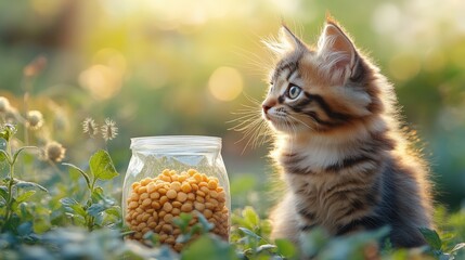 Curious Maine Coon kitten examines golden-brown extruded food in soft green setting