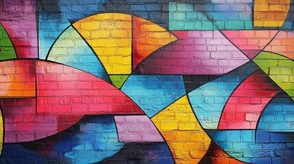 Fototapeta premium Abstract Colorful Geometric Brick Wall Mural Modern Art Design Vivid Vibrant Shapes Painted Texture Background Graphic Urban Street Art Illustration