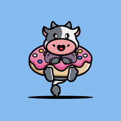 Cute cow hug big doughnut cartoon