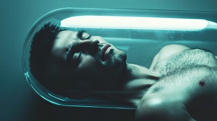 Man in a large glass capsule. Selective focus.