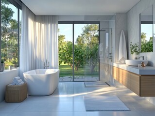 Fototapeta premium A bathroom with a bathtub, sink, and toilet. The bathroom has a large window with a view of a tree