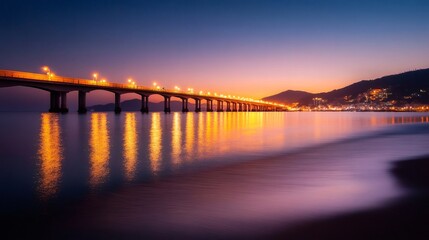 Obraz premium Illuminated bridge connecting a coastal city at sunset, creating a picturesque reflection