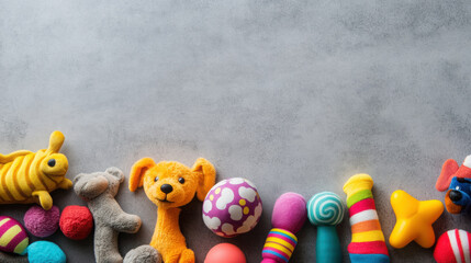 Colorful dog toys arranged on neutral surface, showcasing variety of textures and shapes, perfect for playful pets