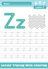 Letter Z Uppercase Lowercase Tracing Worksheet with Coloring Apple Activity. A4 Alphabet Z Trace Handwriting Printable Vector Illustration. Worksheet for Preschool Kindergarten Kids. Learn To Write.