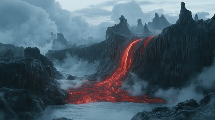 Lava waterfall, volcanic landscape, fantasy scene, game background