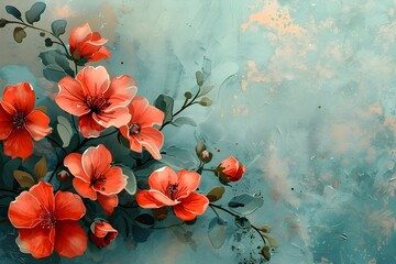 A painting of red flowers on a blue background