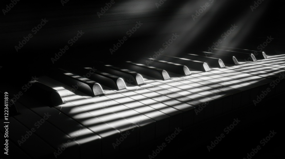 Poster sunlight patterns on piano keys in monochrome