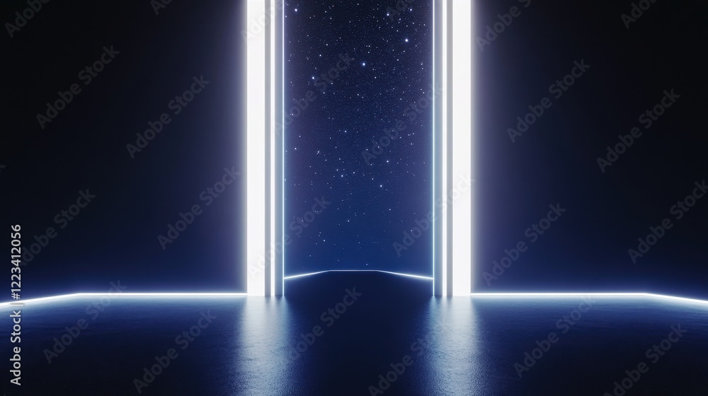 Poster a futuristic scene featuring two glowing pillars and a starry background, creating a sense of depth 