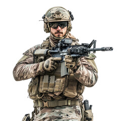 Fototapeta premium Fully geared soldier confidently holding rifle in combat readiness on a clean white background, Fully Geared Soldier Holding Rifle on white background