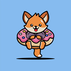 Cute fox hug big doughnut cartoon
