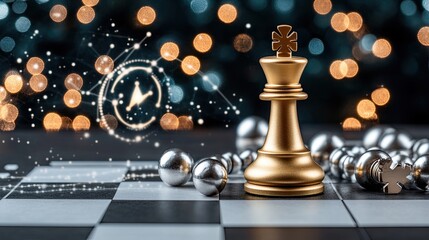 A golden chess piece rises proudly next to a broken silver piece, enclosed in an energy field surrounded by digital symbols against black