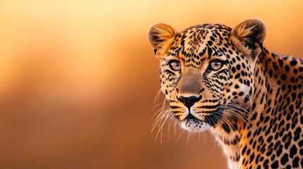 Naklejka premium Leopard staring intensely with a blurred golden background at sunset