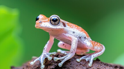 Tiny orange frog on a log in rainforest