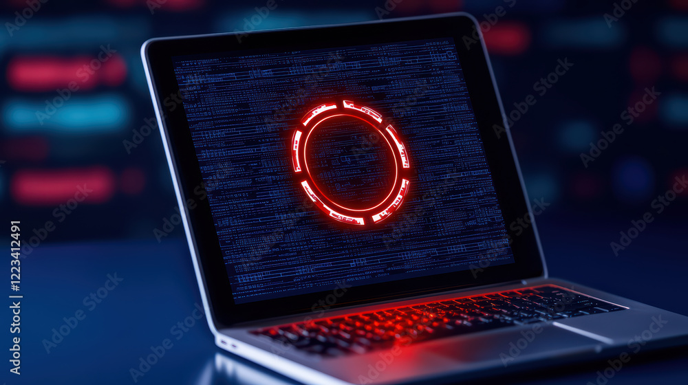 Poster futuristic laptop displaying glowing red circular interface on screen