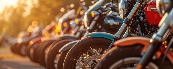 View of front wheel of motorbikes standing in the row.