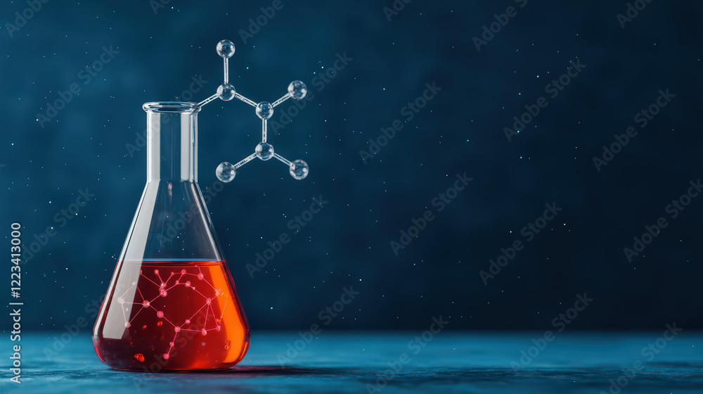 Poster laboratory flask with red liquid and molecular structure above it
