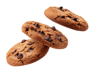Chocolate chip cookies falling isolated on white background, cutout