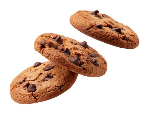 Chocolate chip cookies falling isolated on white background, cutout