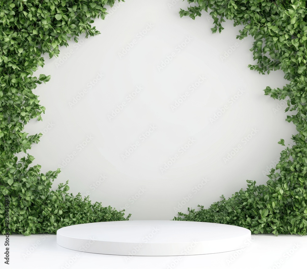 Poster a minimalistic display with a circular white platform surrounded by lush green foliage against a cle