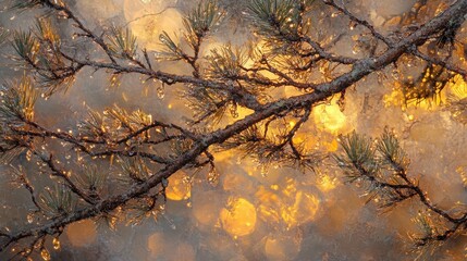 Frosty pine branch with warm winter lights background