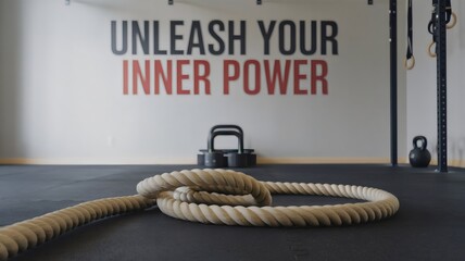 Fitness room with battle ropes, sled, kettlebells, and motivational wall text