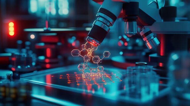 Computerized lab equipment analyzing molecular structures on a glowing screen,
