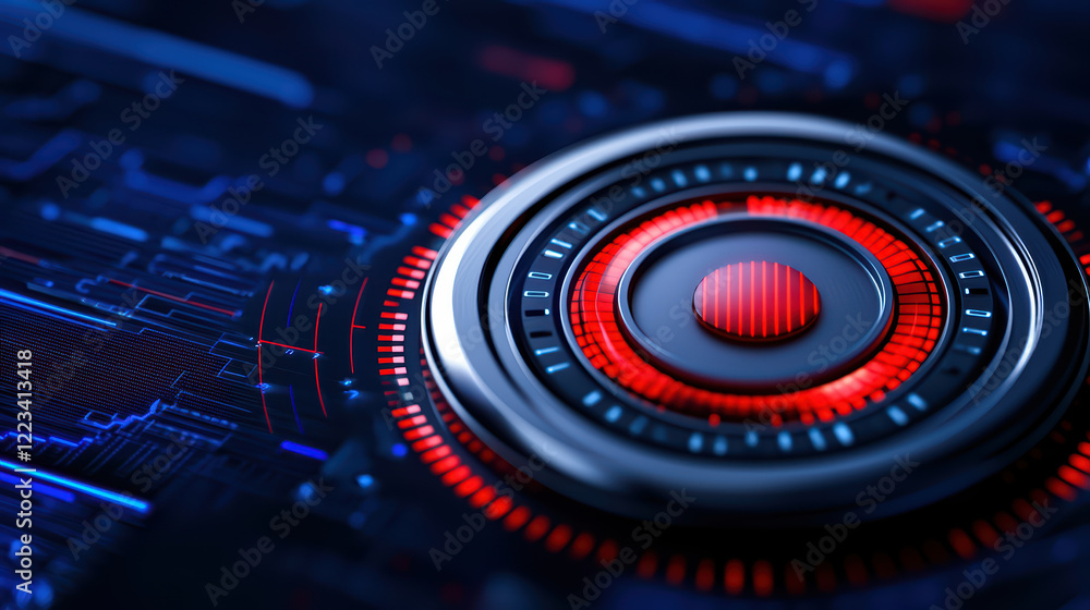 Poster futuristic interface with glowing red button and digital patterns