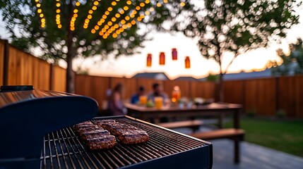 Backyard BBQ Friends grilling burgers at sunset