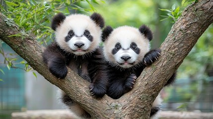 Obraz premium Two panda cubs in a tree, lush green background, wildlife sanctuary, adorable image for nature calendars