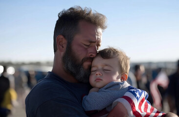 Fototapeta premium A father holding his sleeping child in his arms as they wait under the open sky near the border