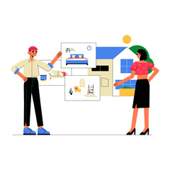 Real Estate Agents Discussing Home Designs In Flat Vector Illustration Symbolizing Property Search, Real Estate Planning, And House Selection, Isolated On White Background.